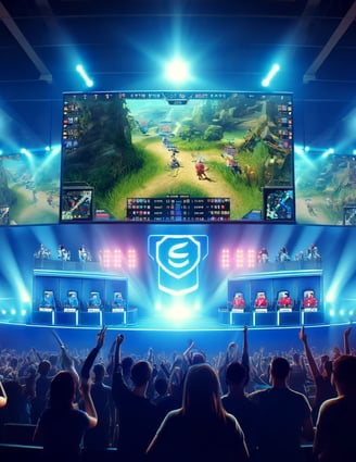 Professional esports tournament with teams competing on stage and an excited audience.