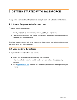Image of user guide writing sample from Glen Cadorette:  Getting Started Salesforce page.