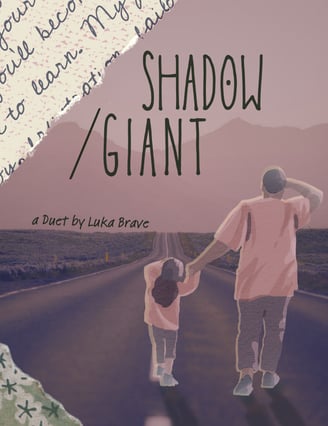 A cover for shadow/giant, a man and a young girl seen from behind hold hands and walk down a road towards distant mountains.