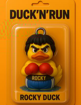 Rocky duck, a rubber duck toy with a ducky in a box