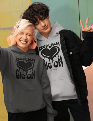 keep calm gig on, side-gig collection, black heart design, vivid calm designs, hoodies