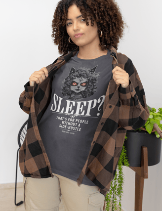 vivid calm designs, side gig club, Sleepless Hustle: No Sleep, Just Side Gigs, black cat