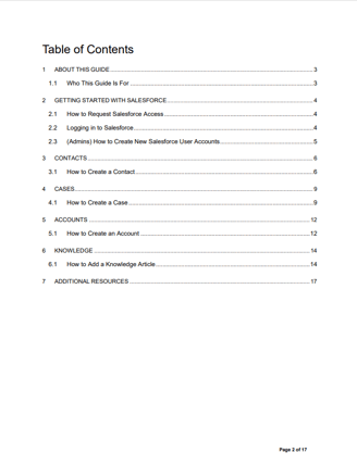 Image of user guide writing sample from Glen Cadorette:  Table of Contents.