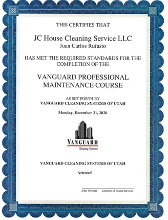 a certificate for a professional cleaning service