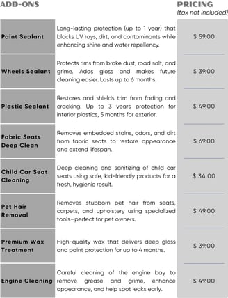 Add-on services like sealant, fabric seat cleaning, pet hair removal, wax treatment and engine clean