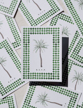 rsvp card with palm tree and green and white tiles