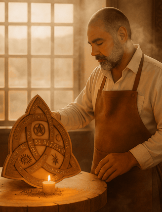 Artesano realizando ritual espiritual con triqueta de madera y humo místico
