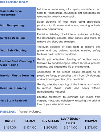 Interior detailing with vacuuming, mat shampoo, seat and leather cleaning, plastic dressing