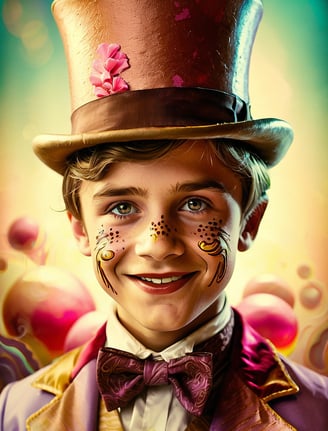 Portrait photo transformed into a comic painting of a young boy like wonka character