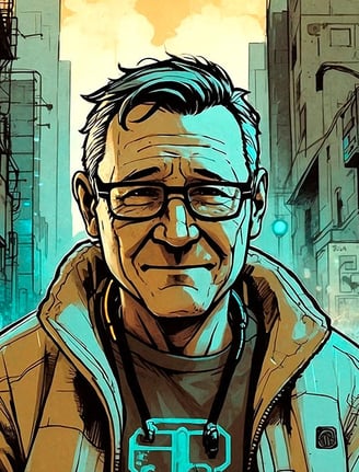 Portrait photo transformed into a comic painting of aman with cyber style