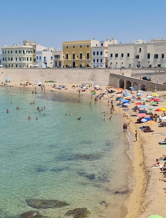 Gallipoli Beach, Puglia – A stunning coastline with golden sands and shallow, crystal-clear waters, 