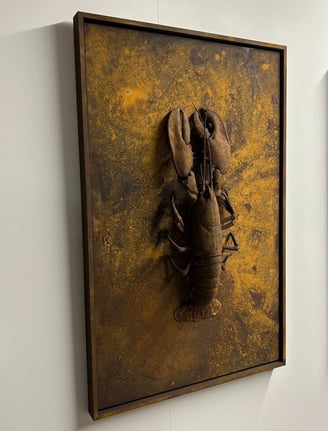 a lobster and crabfish sculpture on display in a museum