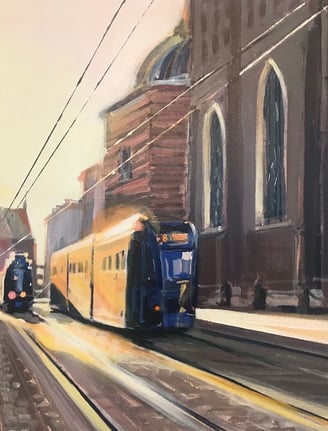 Shine , acrylic painting with tram