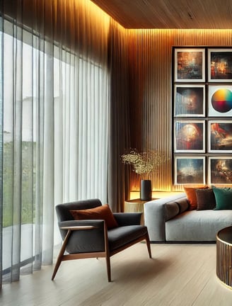 Sala de estar moderna com galeria de quadros coloridos na parede principal, sofá cinza, mesa de cent