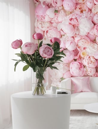 luxury nail salon lounge with a large pink flower wall mural