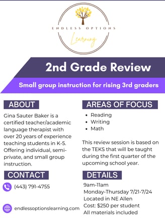 a flyer for a 2nd grade reading, writing, math review