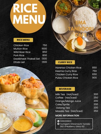 a menu of a restaurant with a menu for rice and rice