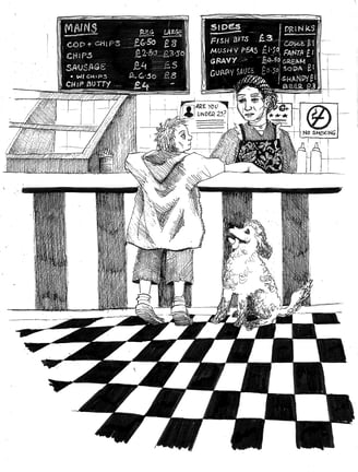 Illustration of Joey and Buttons in the Chip Shop from Buttons, The First tale of Joey Bananas
