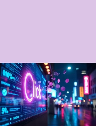 A busy street with a bright board with neon sign board click 