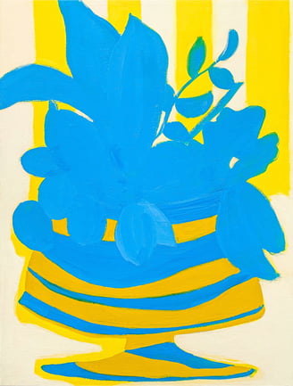 a painting of a tropical blue and yellow vase, Original art by Lena Sin