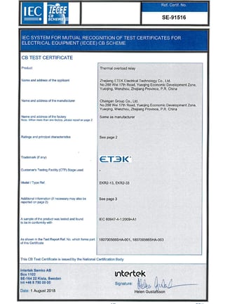 Intertek certificate for ETEK RCBO