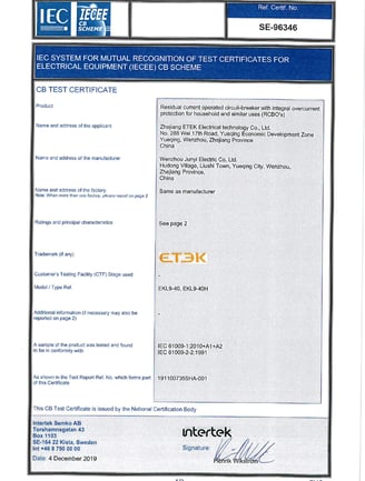 Intertek certificate for ETEK device