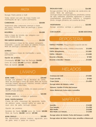 Pasta y resposteria Menú Kabú Café Restaurante