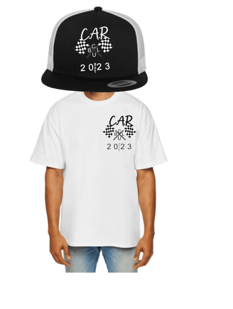 a man wearing a hat and a cap with a car logo on it