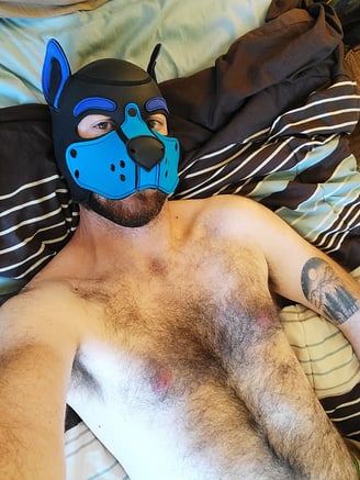 A man in bed, shirtless, wearing a pup mask.