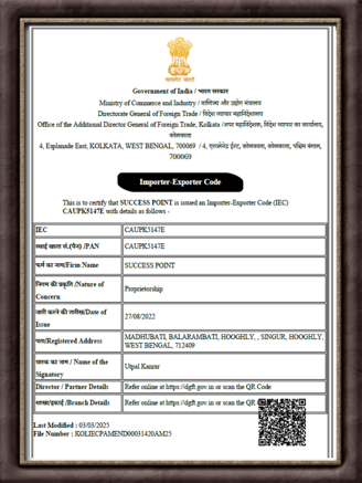 a certificate of Imort Export  in favour of Success Point