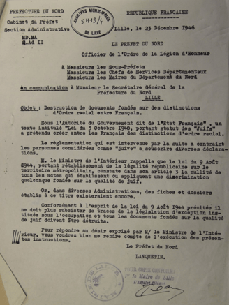 circulaire M Lanquetin préfet du Nord destruction documents discriminant les Juifs