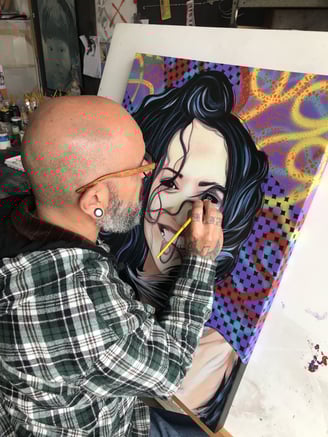 Quadro de pintura de rosto em close-up, capturando expressões emocionais detalhadas.