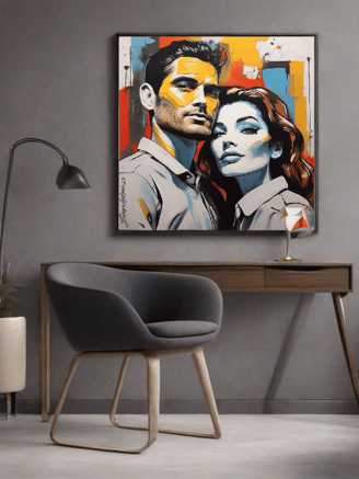 Quarto de casal com quadro romântico personalizado, capturando um momento especial do casal