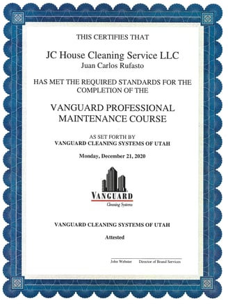 a certificate for a professional cleaning service