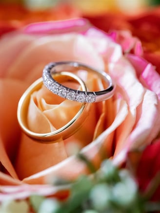 Fine art editorial detail of wedding rings on colorful roses — South of France wedding