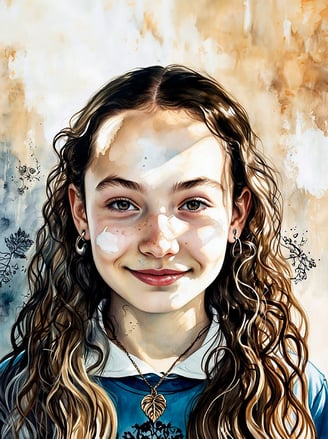 Portrait photo transformed into a painting of a girl with long hair and a blue blouse