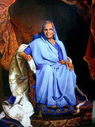 an oil on canvas portrait depicting an old Indian woman wearing saree sitting on a royal chair
