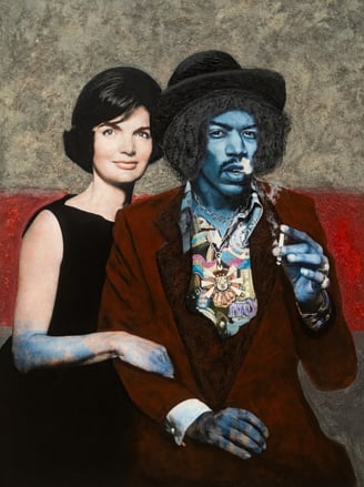 Mixed media painting by Martin Osner showing Jacqueline Kennedy with Jimi Hendrix in a vibrant, textured style.