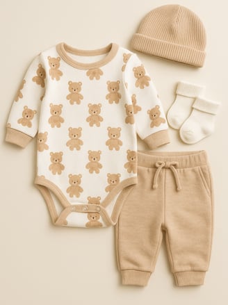 a baby's outfit with a hat and a baby's booties