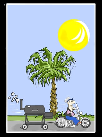 A cartoon biker pulls his smoker in Palmetto Country.