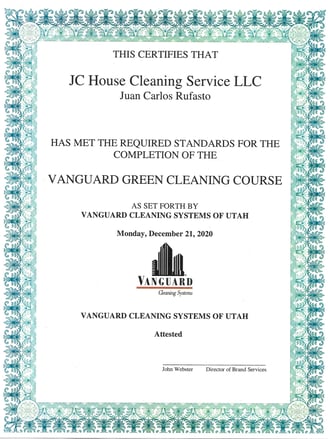 a certificate for a house cleaning service