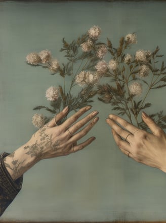 digital oil painting of tattooed hands holding a bouquet