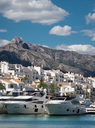 View of Puerto Banus, the iconic marina in Marbella with La Concha mountain in the background
