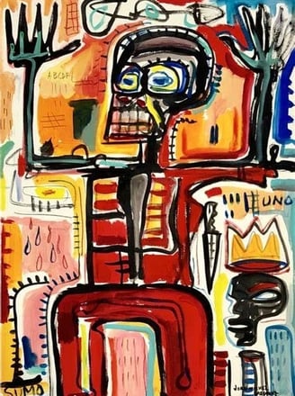 Pintura de Jean-Michel Basquiat com uma caveira como elemento central.