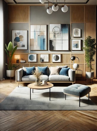 Sala de estar moderna com decoração artística, quadros abstratos em tons de azul e cinza na parede