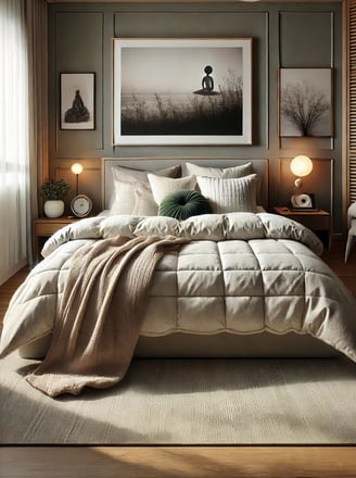 Quarto decorado com fotografias suaves acima da cama, colchas brancas, almofadas neutras.