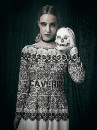 Rock e caveira se unem: Camiseta de arte da Cavérik com estampa de caveira.