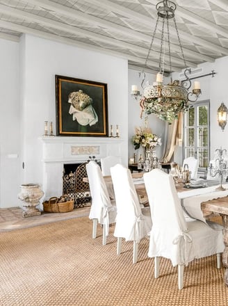 Dining room at Finca Santa Katerina with traditional furniture and chandelier