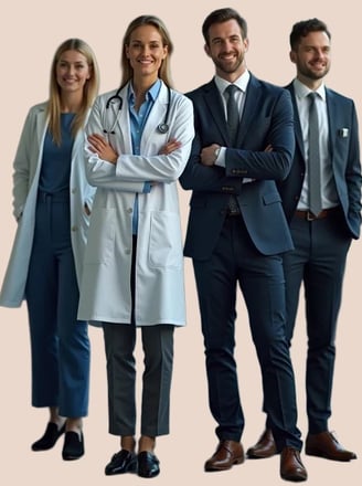 a group of doctors and nurses standing in front of a pink background
