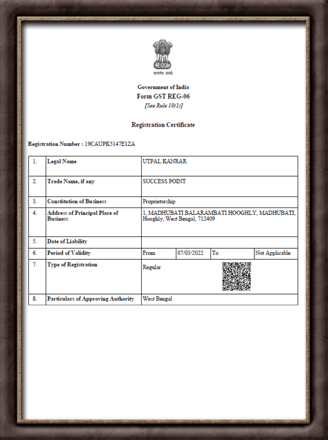 a certificate for Success Point that clarifying Indian Officially Registered Company.